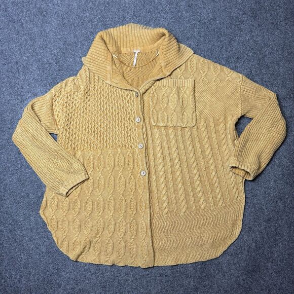 Free People Say Anything Cardi in Apricot Sz S Sweater Cardigan Chunky Cotton - Picture 3 of 8